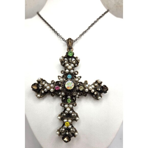 Vintage Ornate Cross Pendant Necklace With Rhinestones & Faux Pearls On Antique - Picture 1 of 3